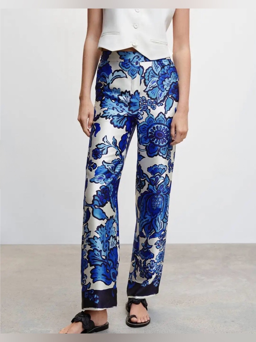MANGO Blue Floral Print Dress Pants